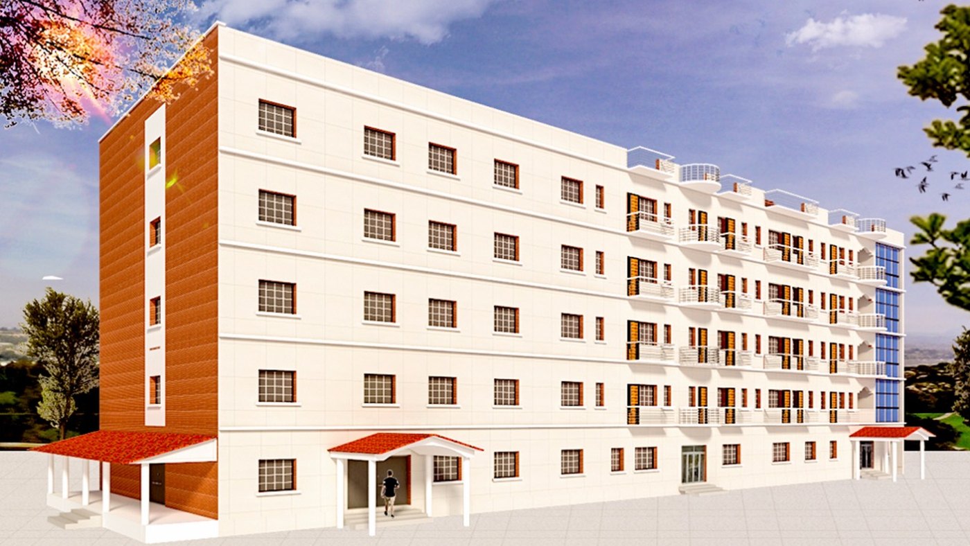 Eye hospital — front perspective with landscaped forecourt