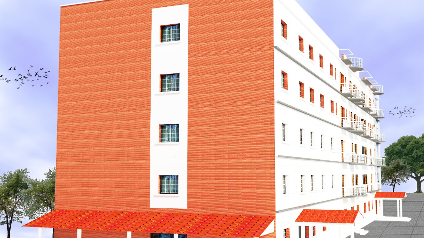 Eye hospital — corner elevation, close view
