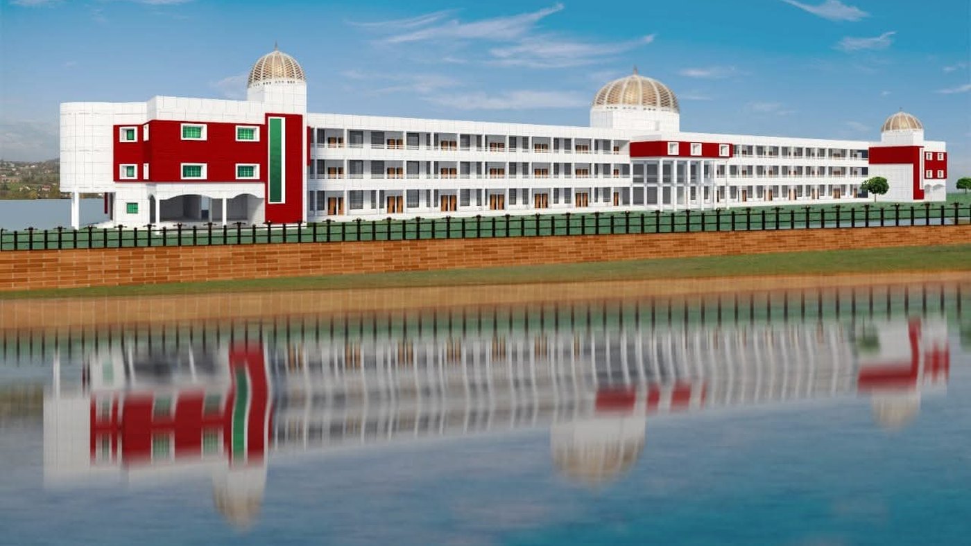 School campus — front elevation reflected in the water