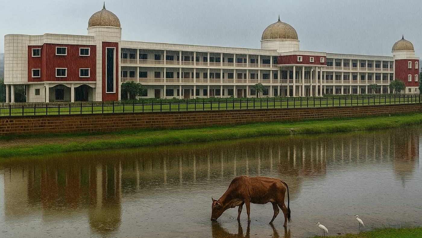 School campus — misty morning view