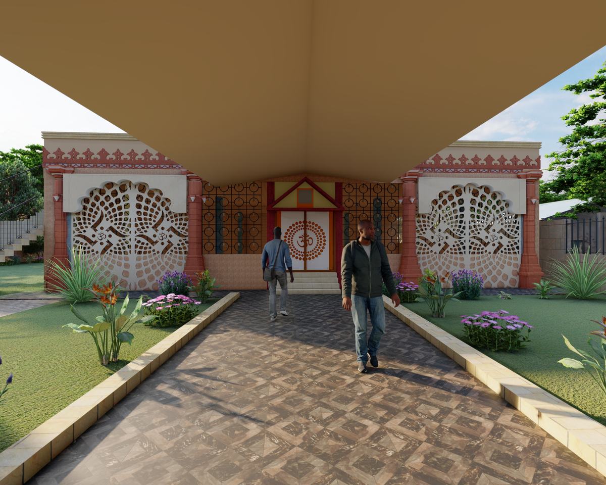 Shiv Mandir — gateway interior with jali screens